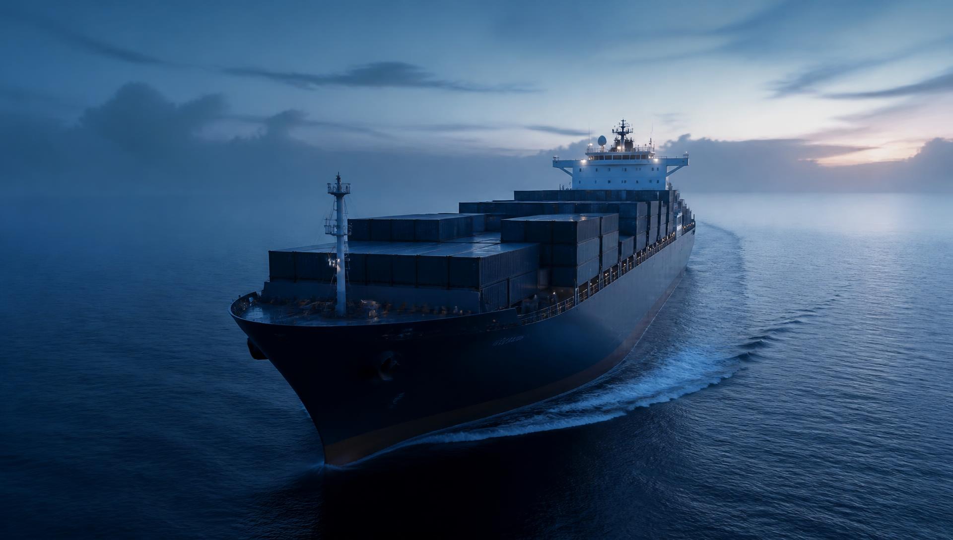 Commercial vessel at sea in cool dawn light